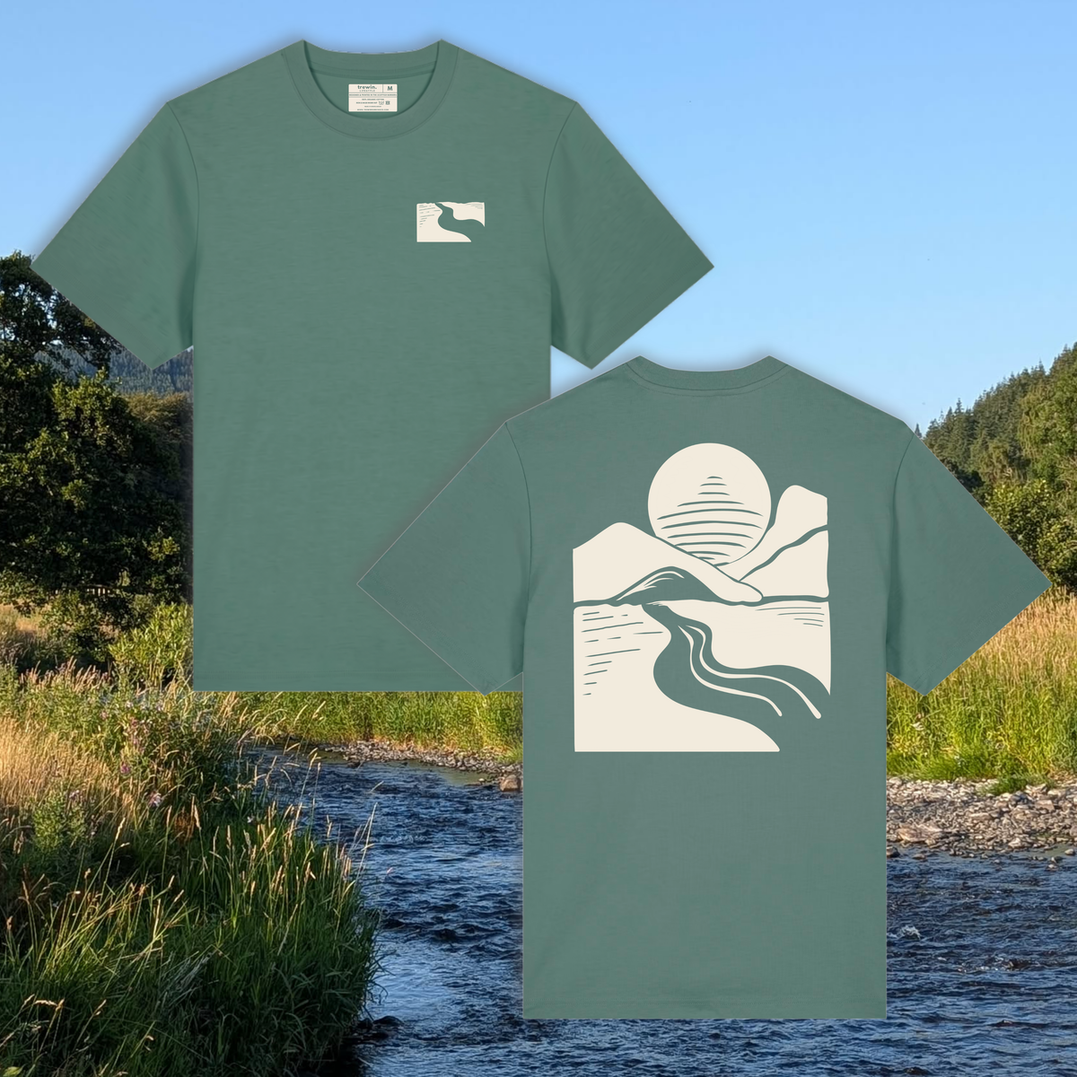 Two sage green short-sleeve t-shirts shown against a scenic outdoor background of a river and forest. The front shirt features a small off-white graphic on the left chest, and the back shirt features a large off-white graphic of a river, mountains, and a sun.